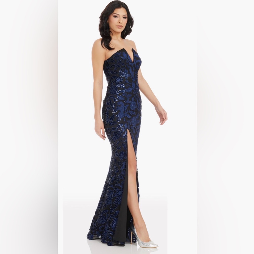 Dress the Population Fernanda Floral Sequin Strapless Evening Gown Navy/Black